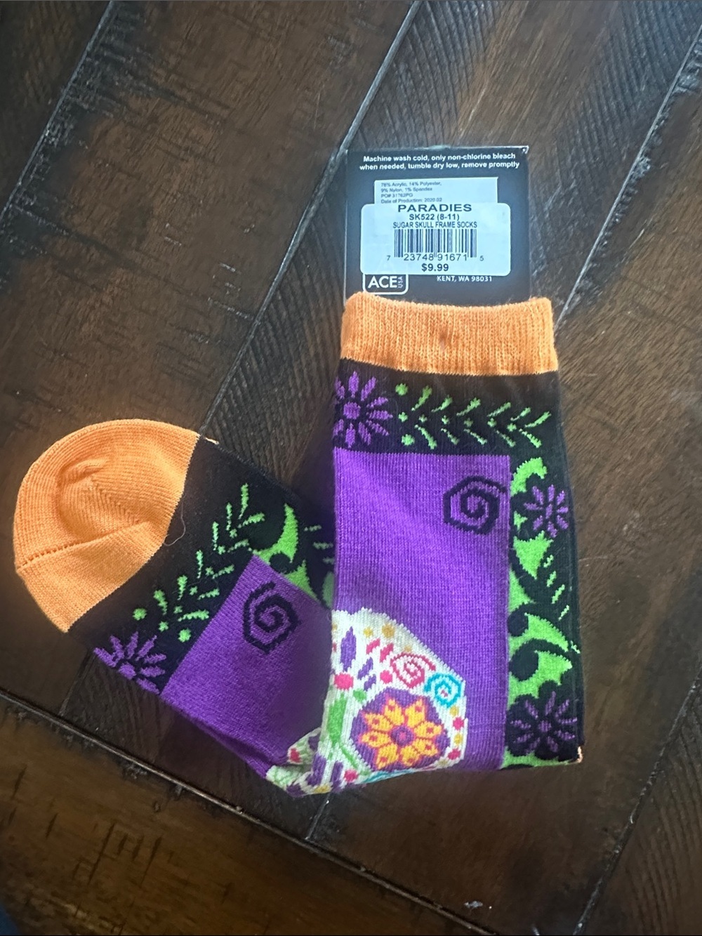 Purple, Orange & Green Sugar Skull Crew Socks - Picture 2 of 3